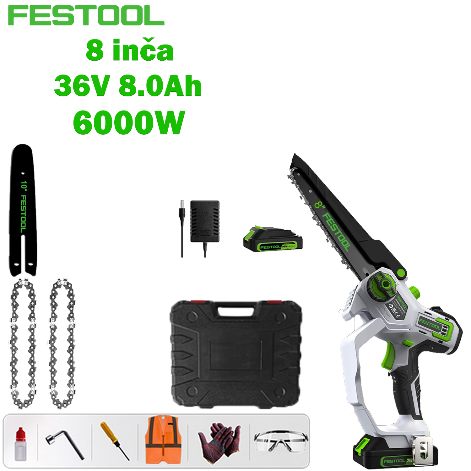 [Festool najnovija litijska motorna pila bez četkica] 8-inčni osnovni model: 6000 W motor bez četkica + 36 V 8,0 Ah litijska baterija * 1, jedna baterija može trajati 12 sati + vodilica * 1 + lanac * 2 + kutija s alatom + torba za siguran rad (naočale , rukavice itd.) + punjač za brzo punjenje + 3 godine jamstva