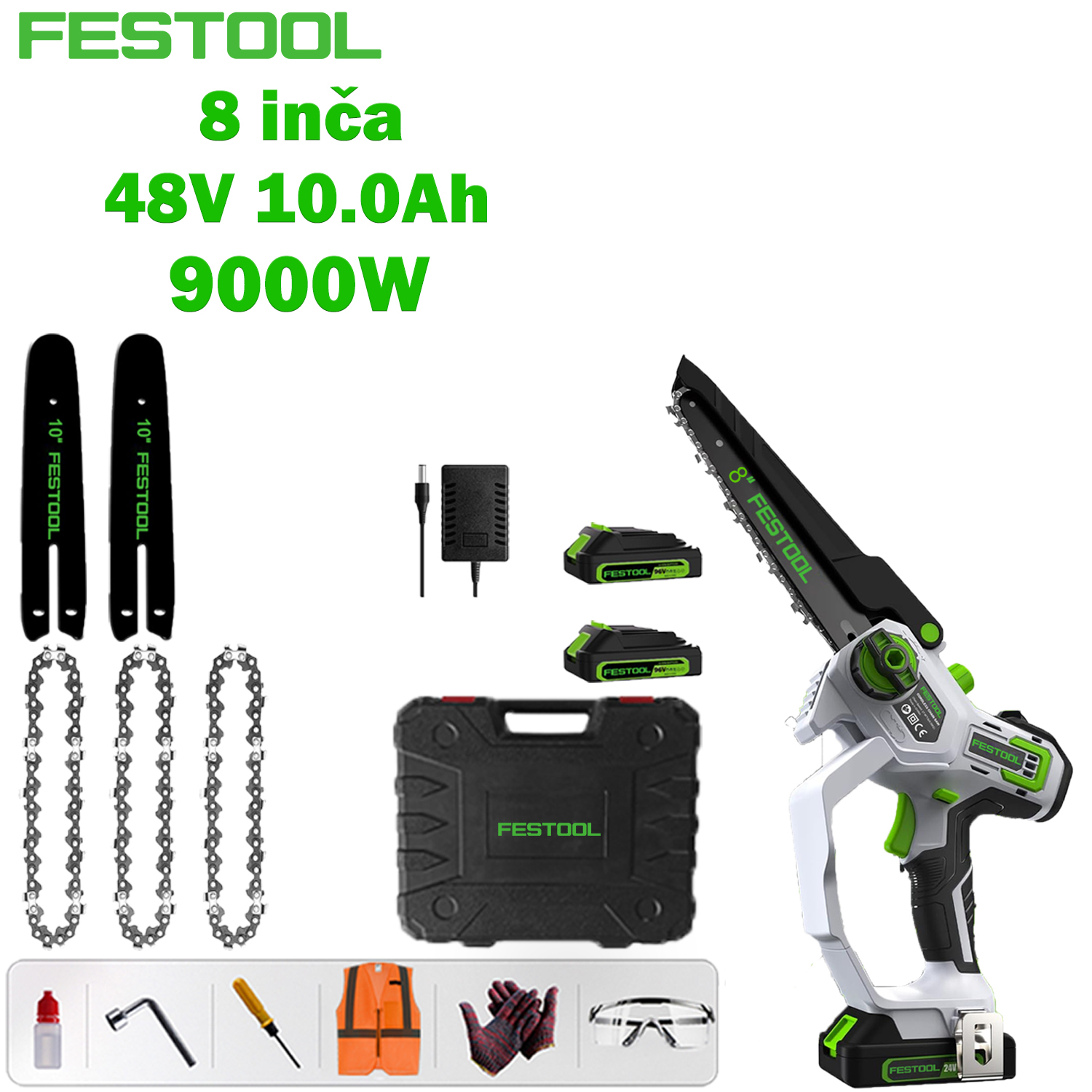 [Festool najnovija litijska električna pila bez četkica] Osnovni model od 8 inča: motor bez četkica od 6000 W + 36 V 8,0 Ah litijska baterija * 1, jedna baterija može se koristiti 12 sati + vodilica * 1 + lanac * 2 + kutija za alat + sigurnosna radna torba (naočale, rukavice itd.) + punjač za brzo punjenje + 3 godine jamstva