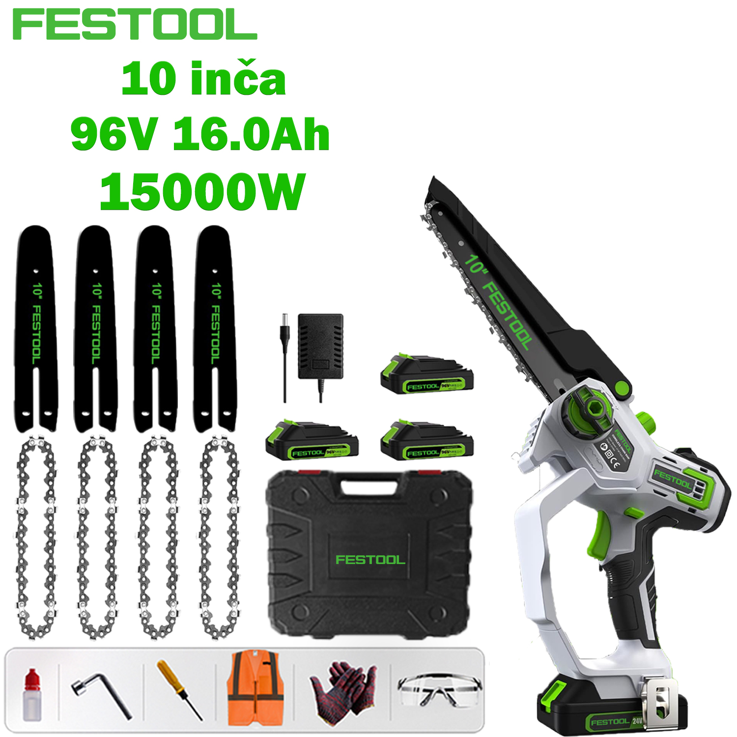 [Festool najnovija litijska motorna pila bez četkica] 10-inčni osnovni model: 15000 W motor bez četkica + 96 V 16,0 Ah litijska baterija * 3, jedna baterija može trajati 24 sata + vodeća ploča * 4 + lanac * 4 + kutija za alat + torba za siguran rad (naočale , rukavice itd.) + punjač za brzo punjenje + 10 godina jamstva