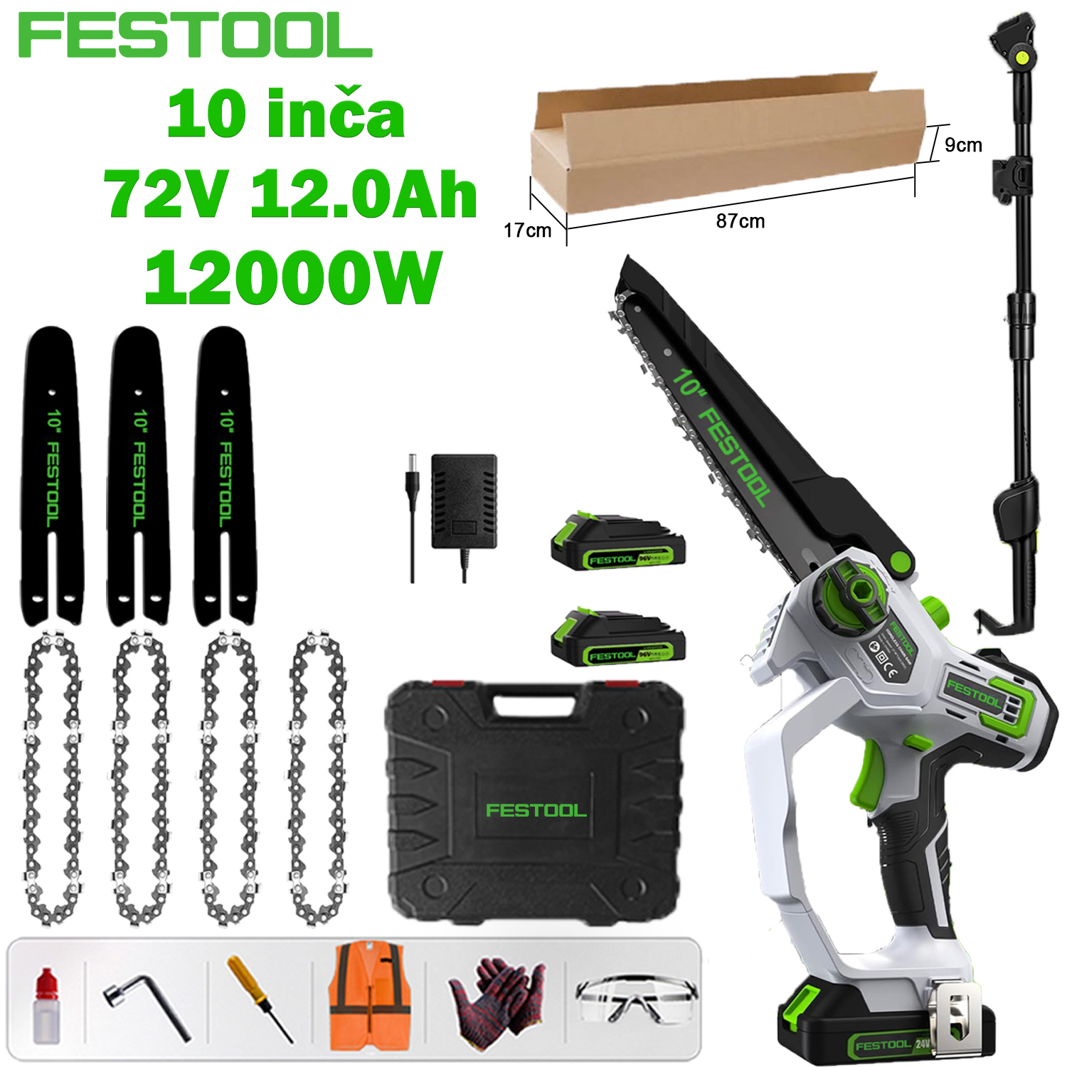[Festool najnovija litijska motorna pila bez četkica] Model produžnog stupa od 10 inča: 12.000 W motor bez četkica + 72 V 12,0 Ah litijska baterija * 2, jedna baterija može izdržati 18 sati + vodilica * 3+lanac*4+kutija s alatom+poklon sigurna radna torba (naočale, rukavice, itd.)+punjač za brzo punjenje+7 godina jamstva+1,5m-2,5m teleskopski produžni stup