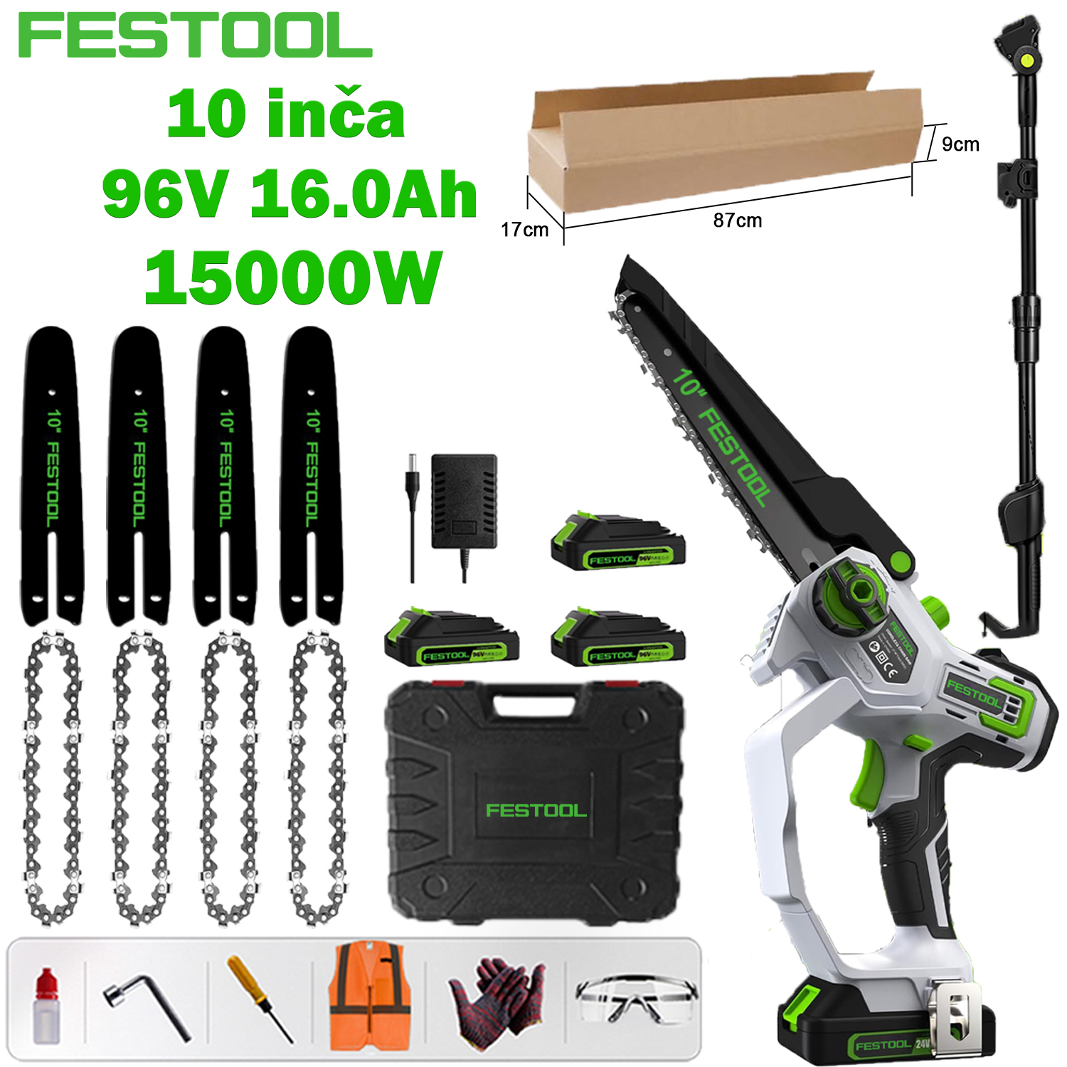 [Festool najnovija litijska motorna pila bez četkica] Model produžnog stupa od 10 inča: 15000 W motor bez četkica + 96 V 16,0 Ah litijska baterija * 3, jedna baterija može trajati 24 sata + vodeća ploča * 4 + lanac * 4 + kutija za alat + poklon torba za siguran rad (naočale, rukavice i sl.) + punjač za brzo punjenje + 10 godina jamstva + produžni stup Teleskopski od 1,5 do 4,5 m.
